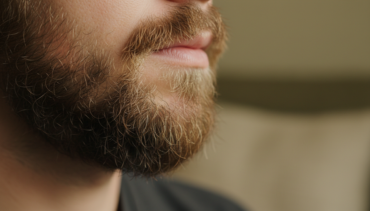 Close-up of beard hairs at different lengths on the cheek and jaw