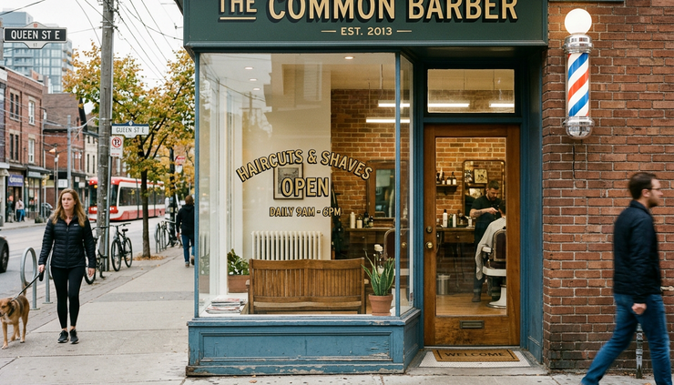 Wide-angle view of a small neighbourhood barbershop entrance in Toronto.