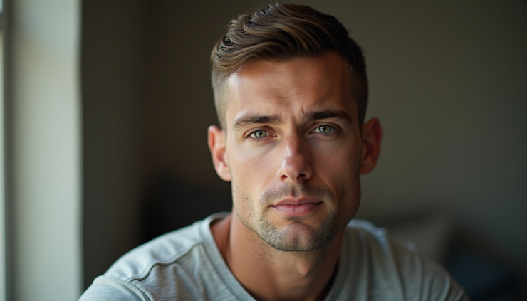 Eye-level view of a man with a classic short haircut highlighting his oval face shape