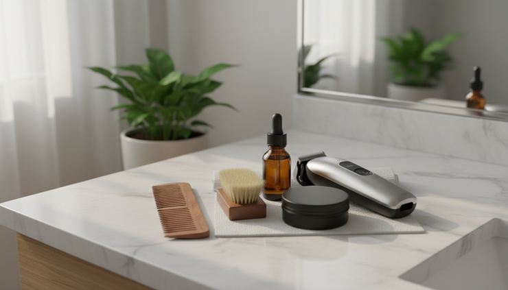 Overhead view of beard grooming tools on a bathroom counter