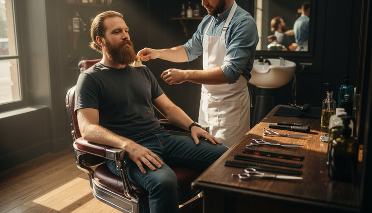 Eye-level view of a neatly groomed beard in a classic barbershop chair