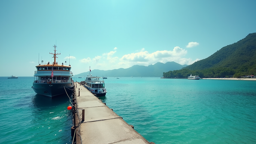Eye-level view of ferry docked at Tioman Island with clear blue sea