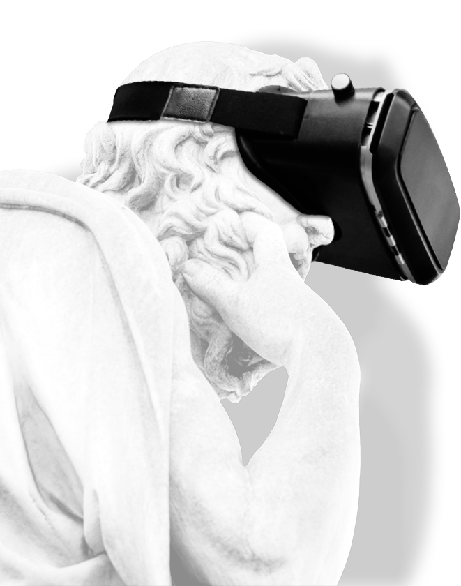 Ancient Greek Philosopher wearing VR headset