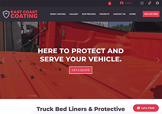 truck bed liners, spray coating, website design, wix studio, sprout for business