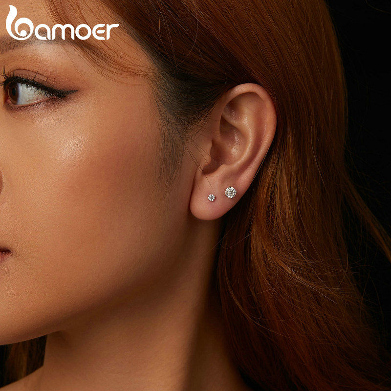 Miniatura: BAMOER Classic Moissanite Earrings, 925 Silver Brilliant 4 Prongs Round Cut Lab 