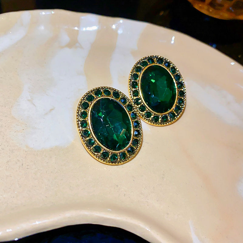 Miniatura: Vintage Green Geometric Rhombus Round Earrings Women Fashion Rhinestone Stud Ear