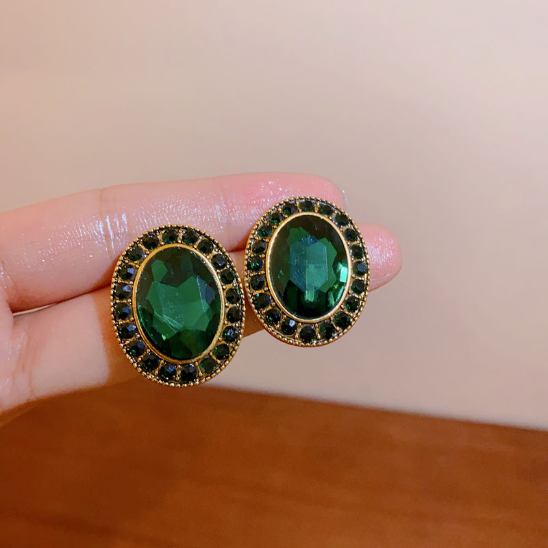 Miniatura: Vintage Green Geometric Rhombus Round Earrings Women Fashion Rhinestone Stud Ear