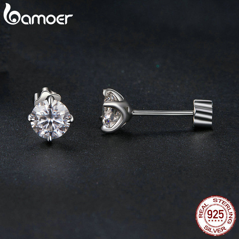 Miniatura: BAMOER Classic Moissanite Earrings, 925 Silver Brilliant 4 Prongs Round Cut Lab 
