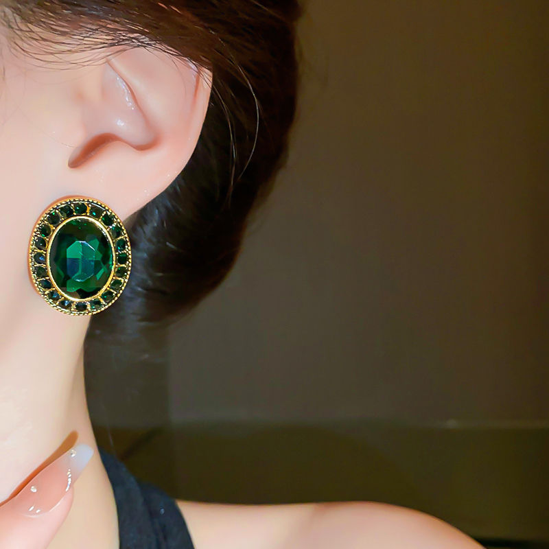 Miniatura: Vintage Green Geometric Rhombus Round Earrings Women Fashion Rhinestone Stud Ear