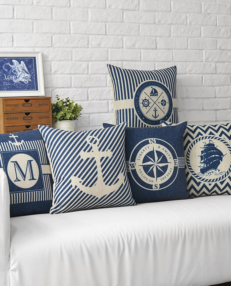 Thumbnail: Mediterranean Sea Blue Compass Anchor Pillow Cover Home decorative Pillows Marin