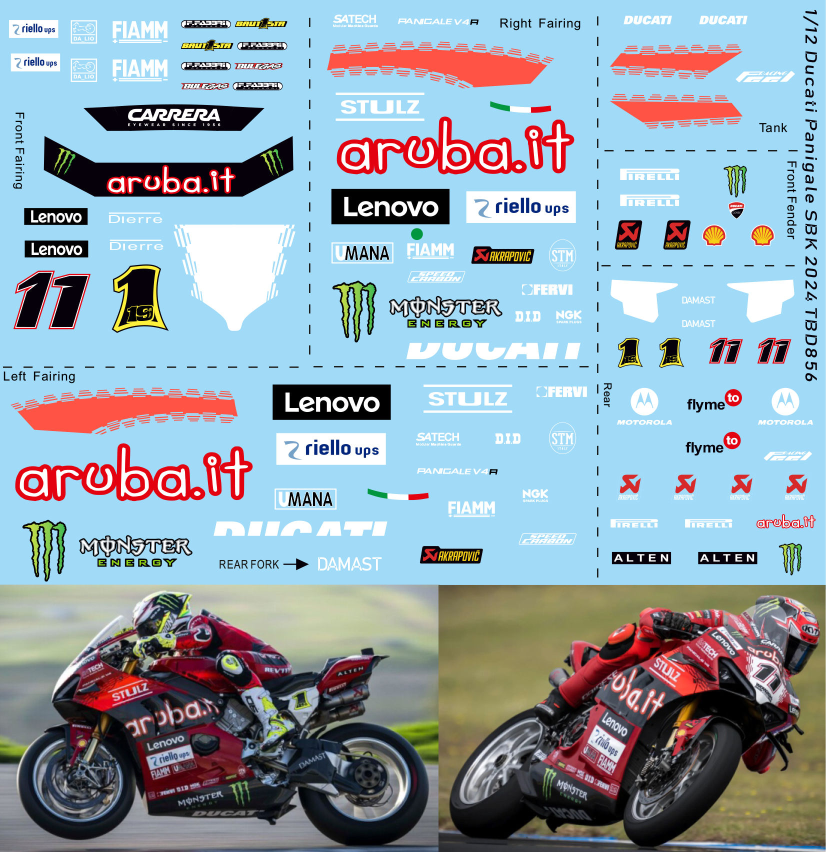 1/12 Water Decals for Ducati Panigale V4 SBK 2024 Bautista Bulega Decal TBD1025