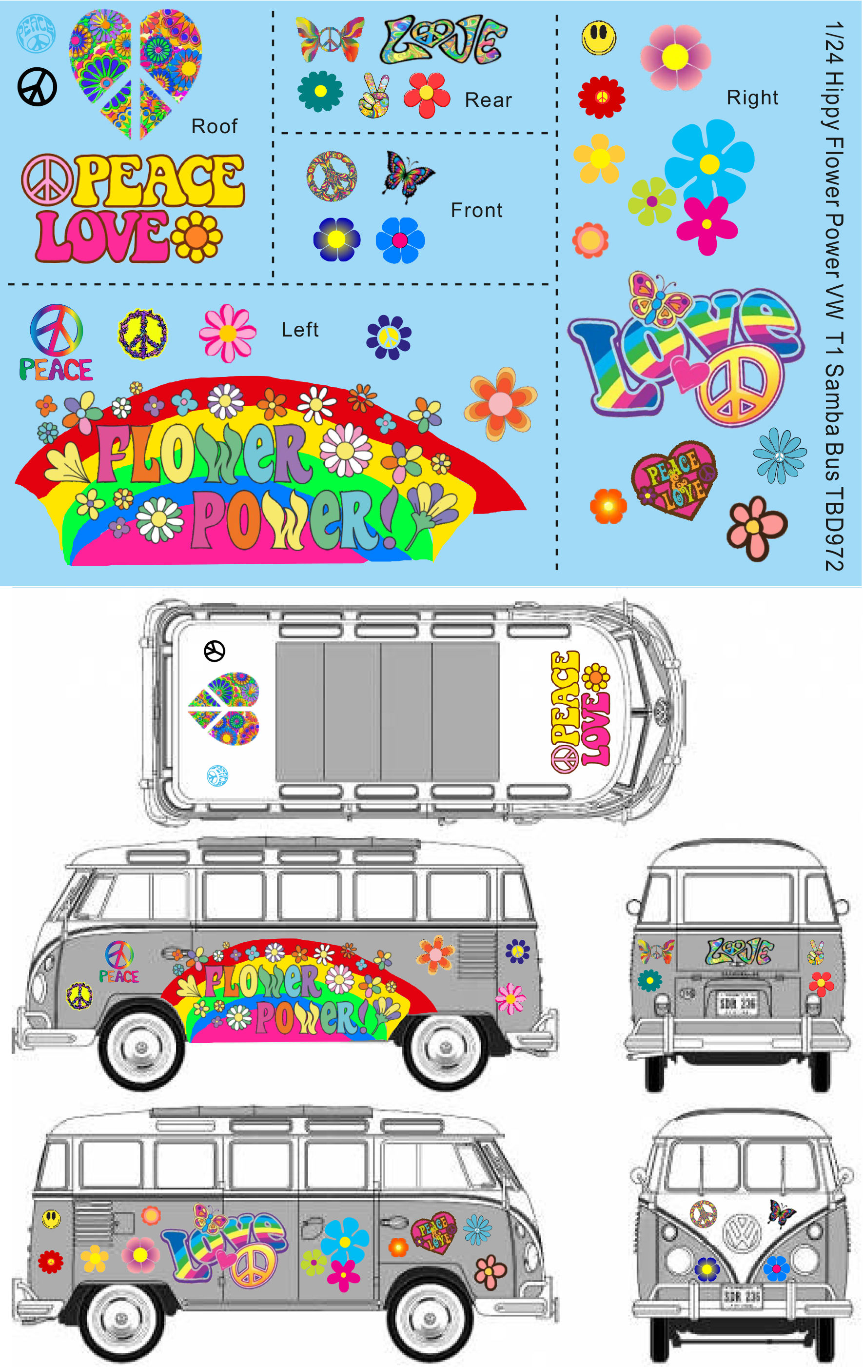1/24 Water Decals for VW Samba Bus T1 Hippy Peace Love Power Flower Decal TBD972