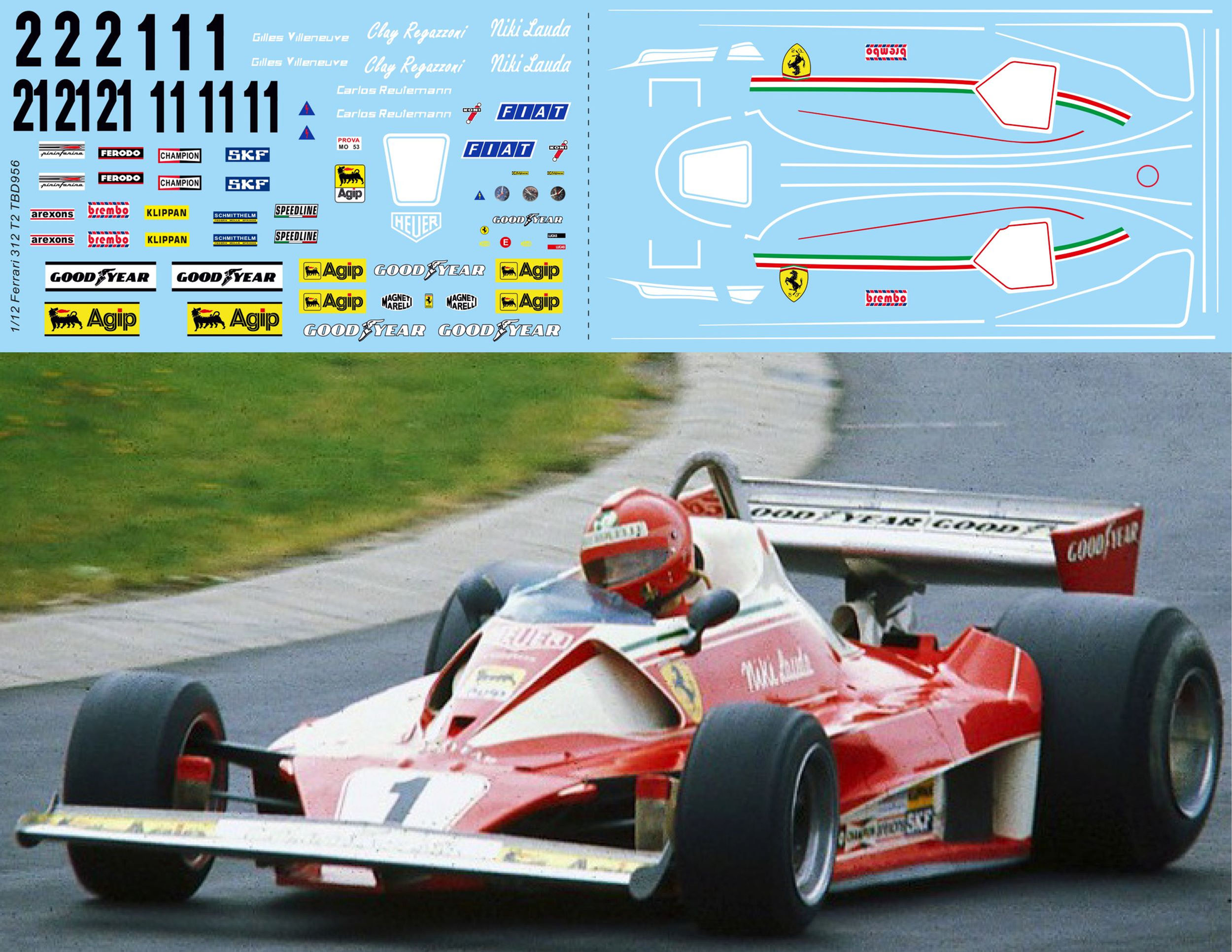 1/12  Decals for Ferrari 312 T2  1976 1977 Lauda Regazzoni Villeneuve TBD956