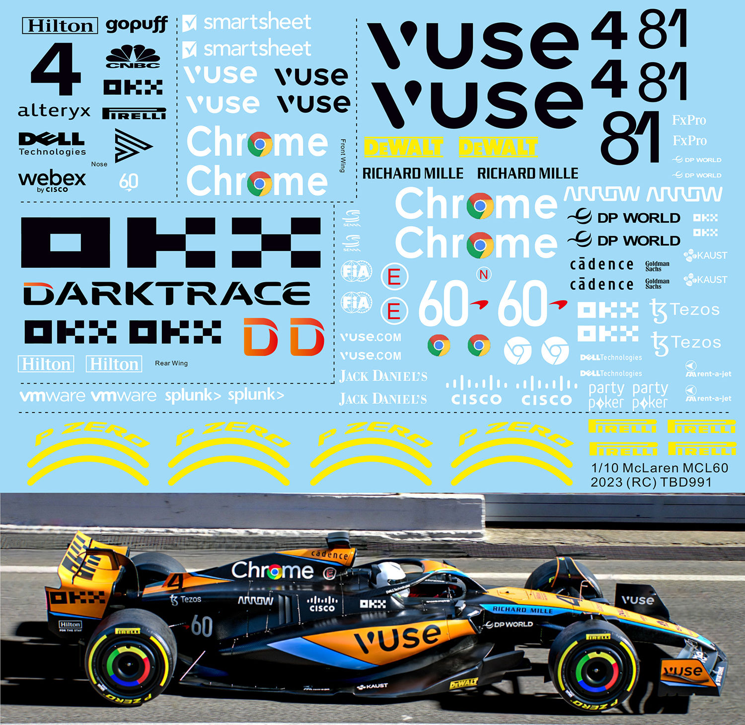 1/10 Decals F1 RC Body for McLaren MCL60 2023 TB Decal TBD991