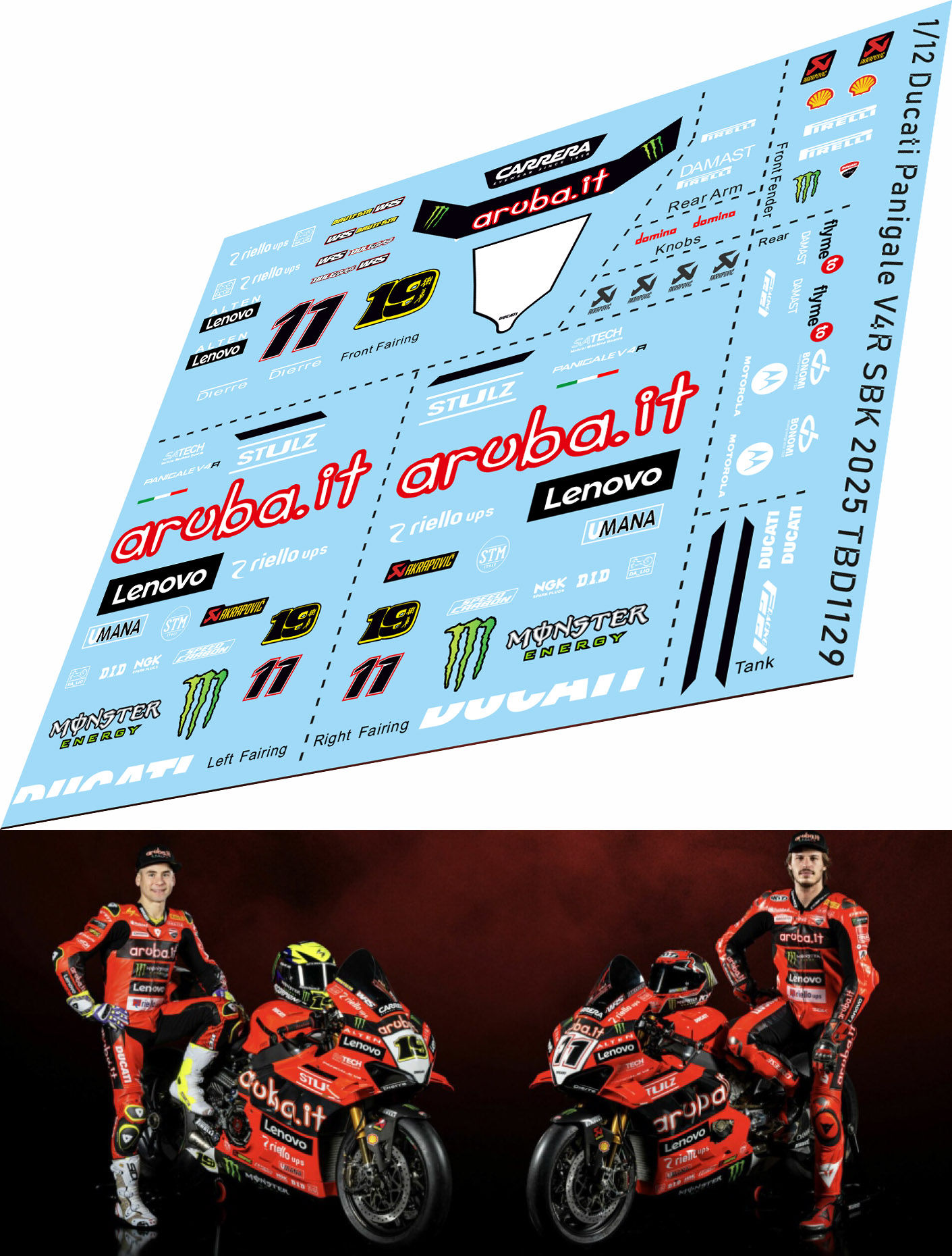 1/12 Water Decals for Ducati Panigale V4R SBK 2025 Bulega Bautista TBD1129