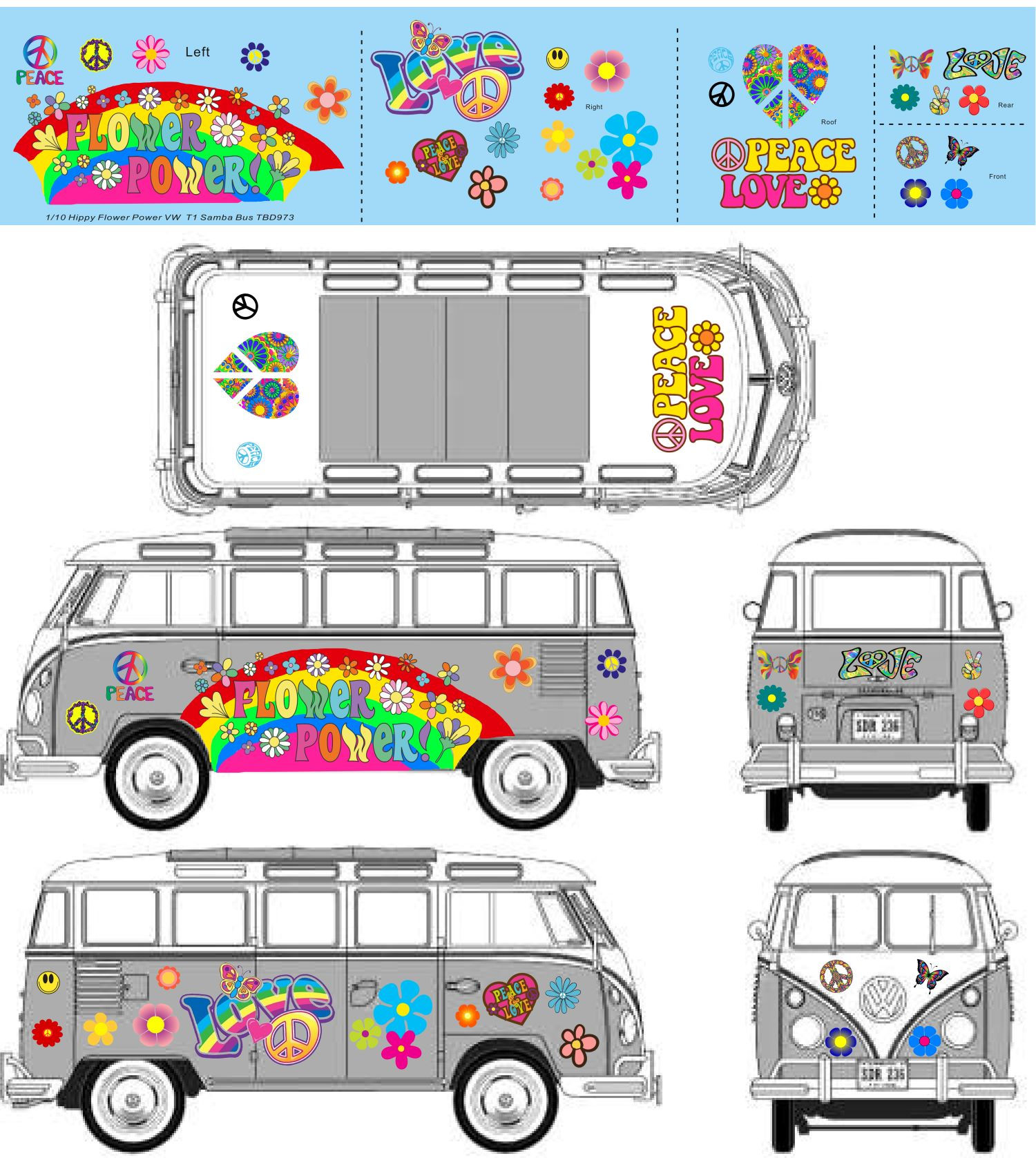 1/10 Vinyl Stickers  for VW Samba Bus T1 Hippy Peace Love Power Flower TBD973