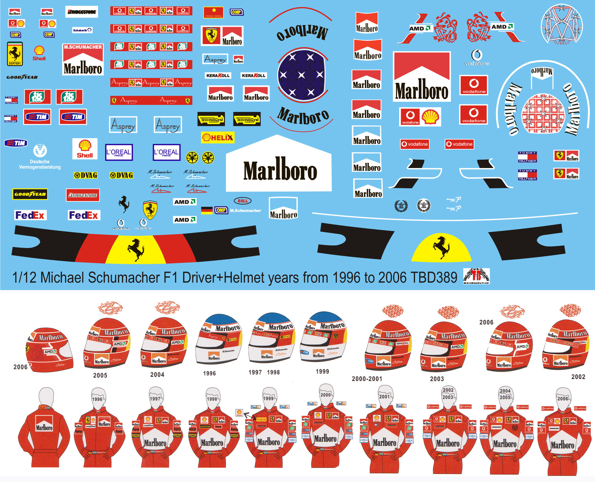 1/12 Michael Schumacher F1 Figure Driver years from 1996 to 2006 Decals TB Decal