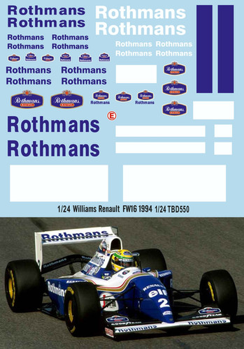 セナ Williams Renault FW16 Rothmansデカール付 1/24 Decals for F1 Williams Renault FW16 1994 Senna Hill Decal