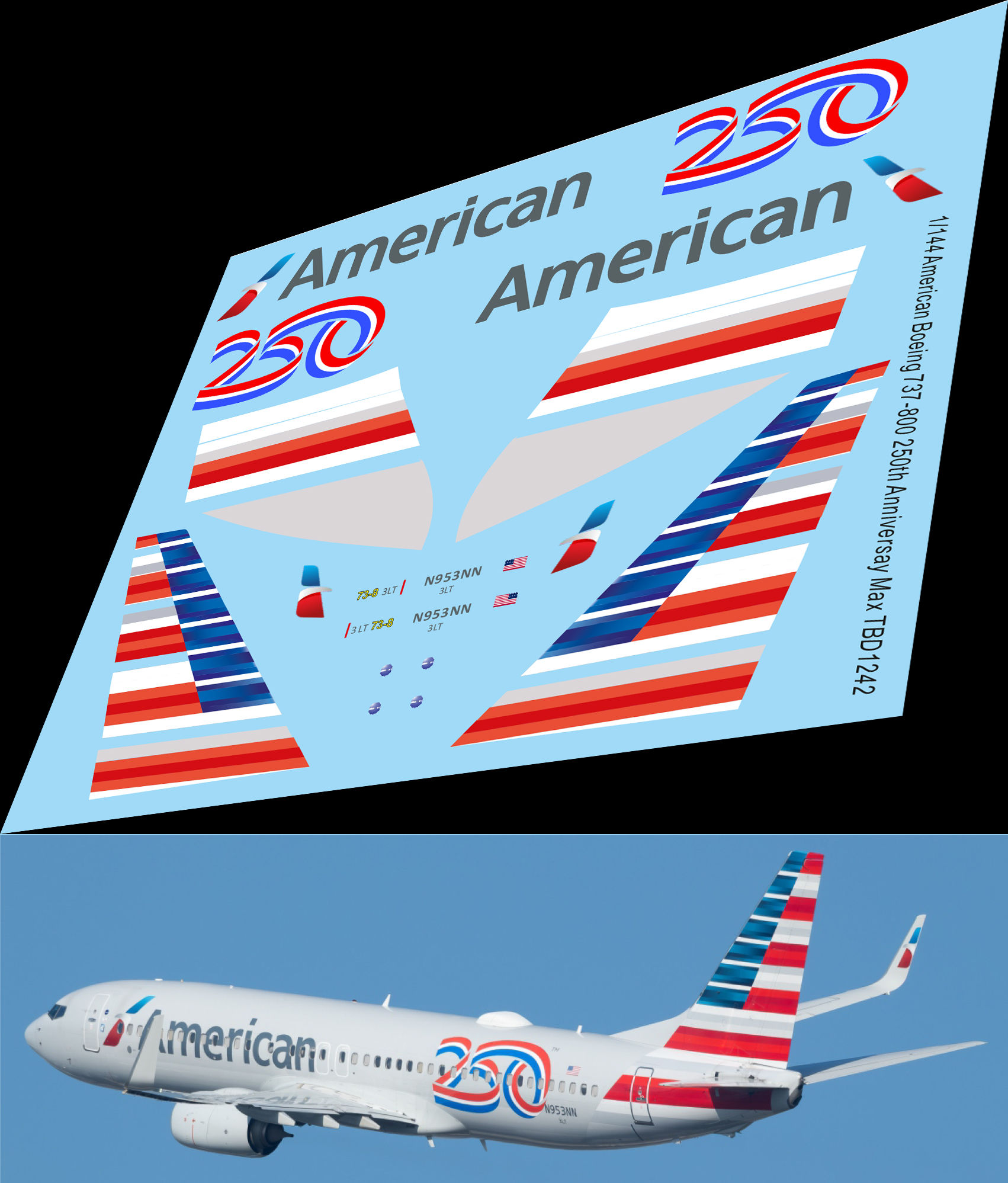 1/144 Decals for Boeing 737 800 American Airlines  250 USA anniversary TBD1242