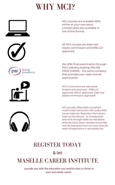 an infographic detailing the benefits of Maselle Career Institute's online real estate education courses