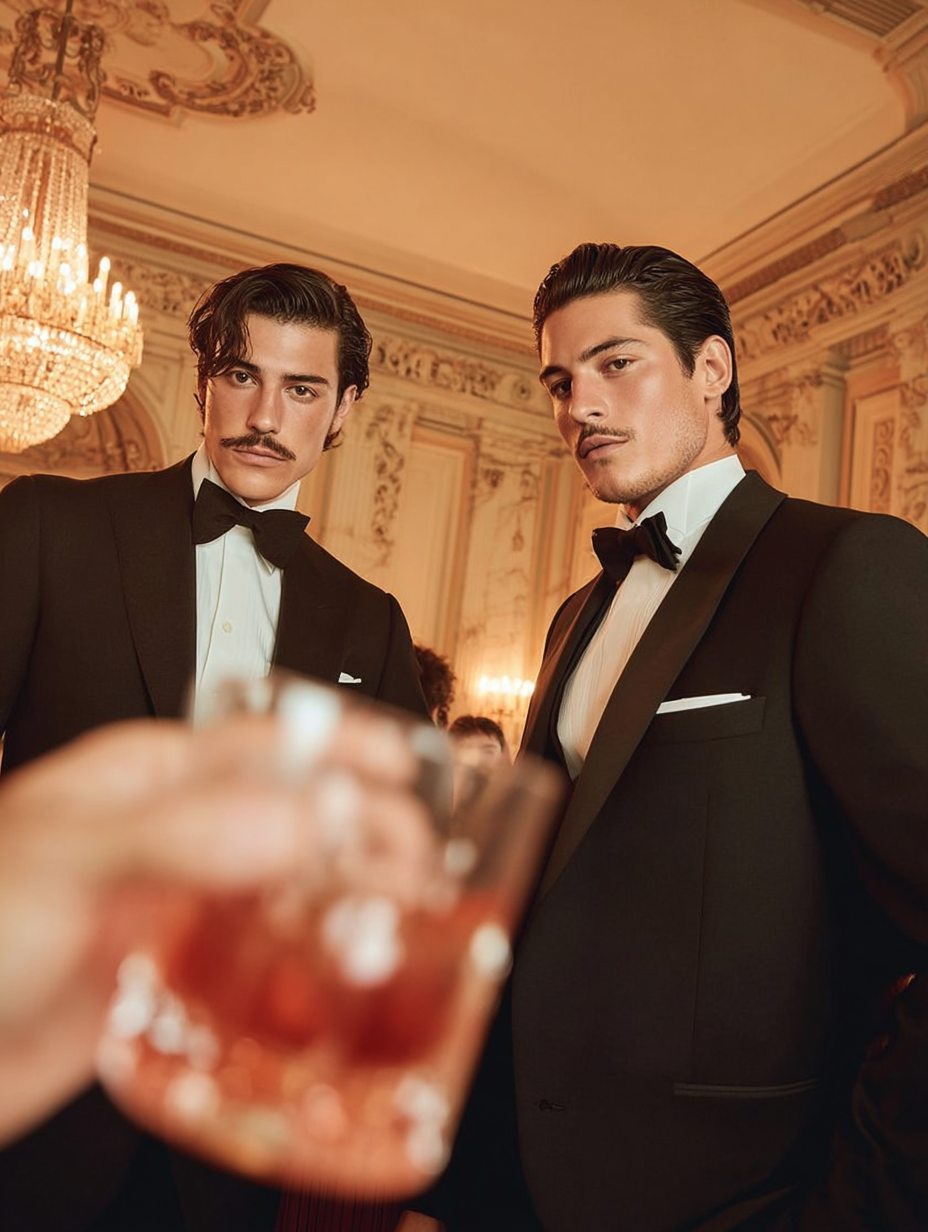 Two men in tuxedos at an elegant event with ornate decor. A hand holds a drink in the foreground, creating a sophisticated atmosphere.