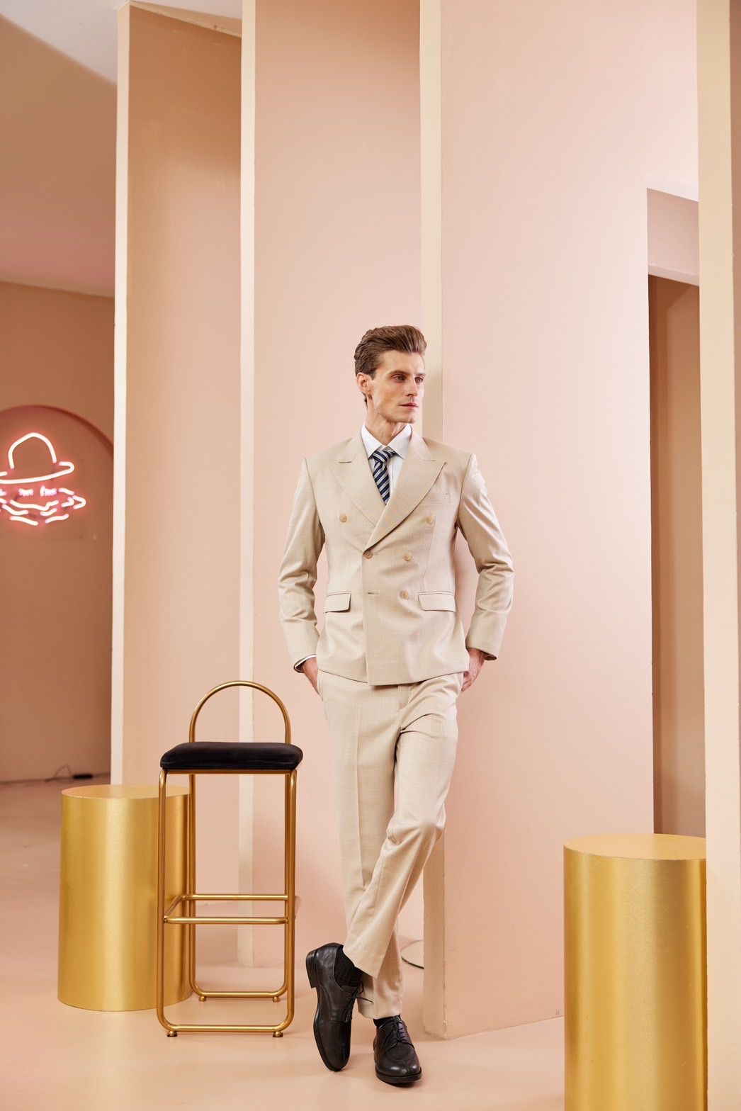 Beige Double-Breasted Suit