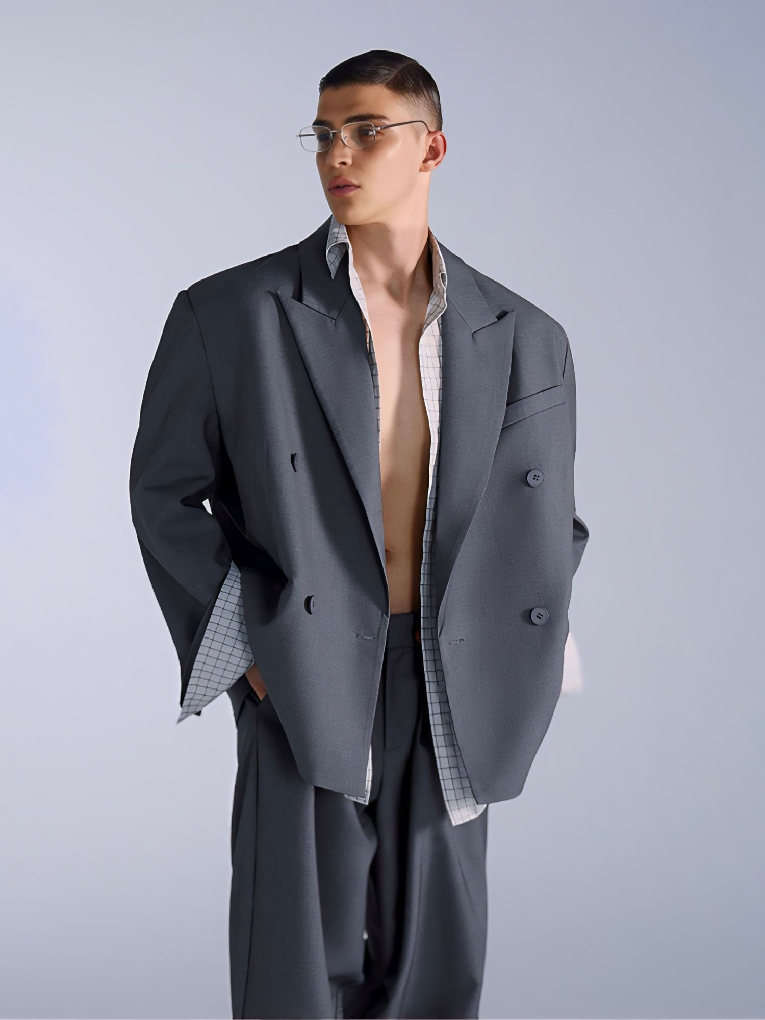 Slate Grey Double-Breasted Oversized Suit