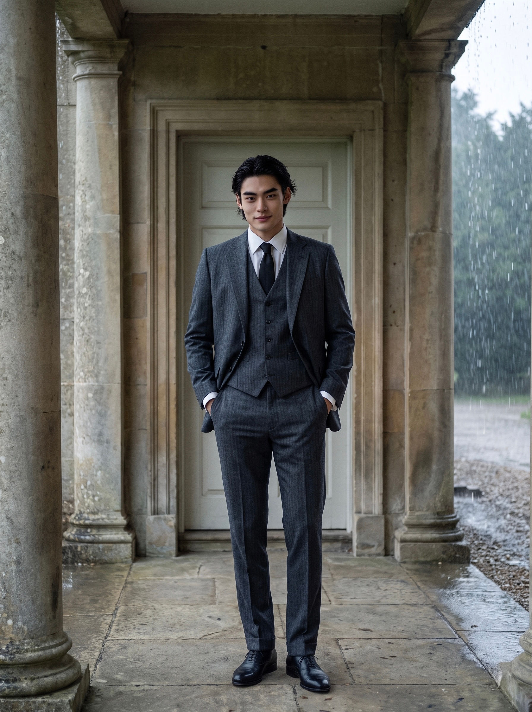 Masala Gray Herringbone Notch Lapel Single-Breasted Suit with Vest
