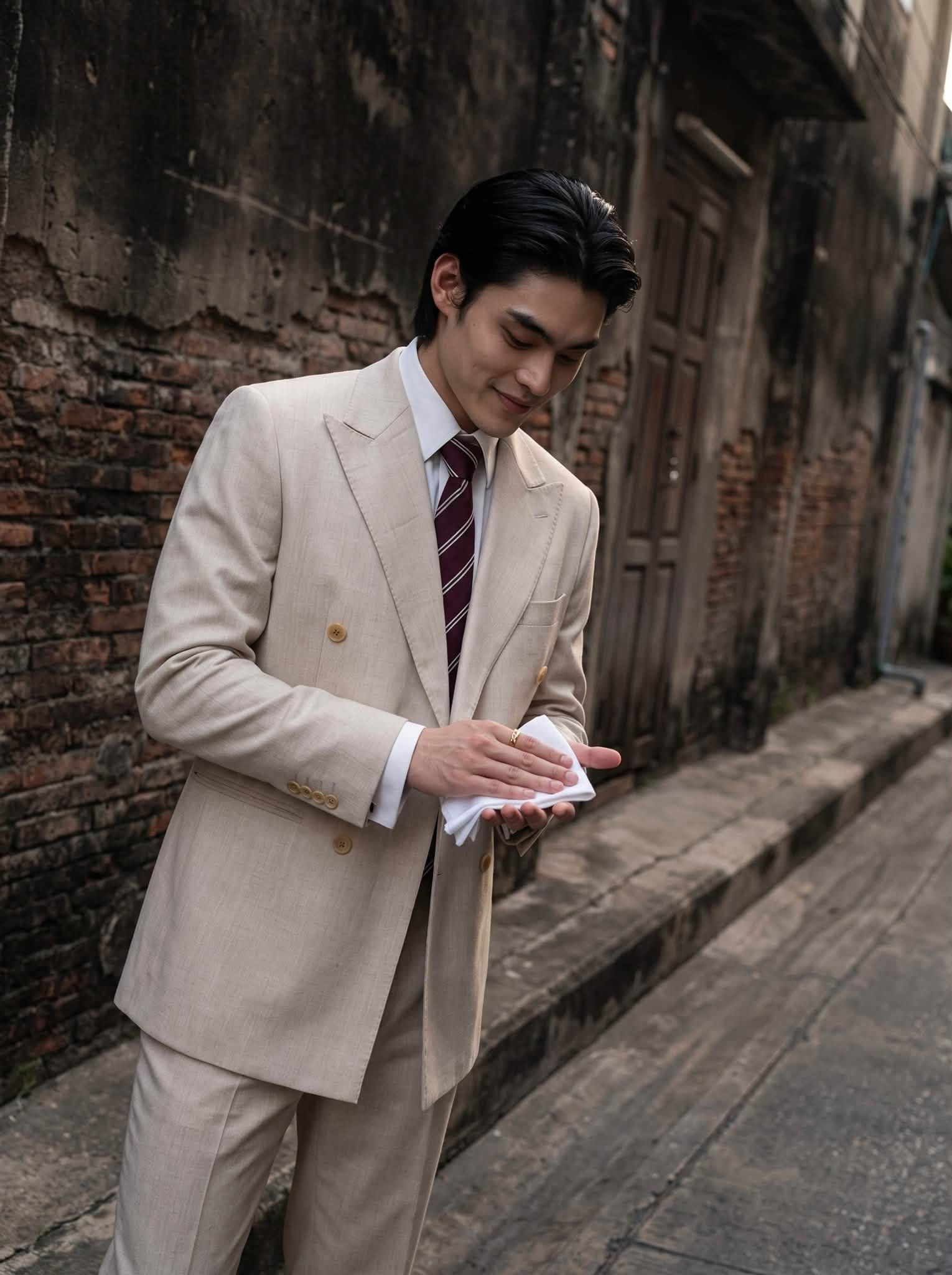 เช่าสูทสีครีม Cream Double-Breasted Peak Lapel Basic Instinct กรุงเทพ