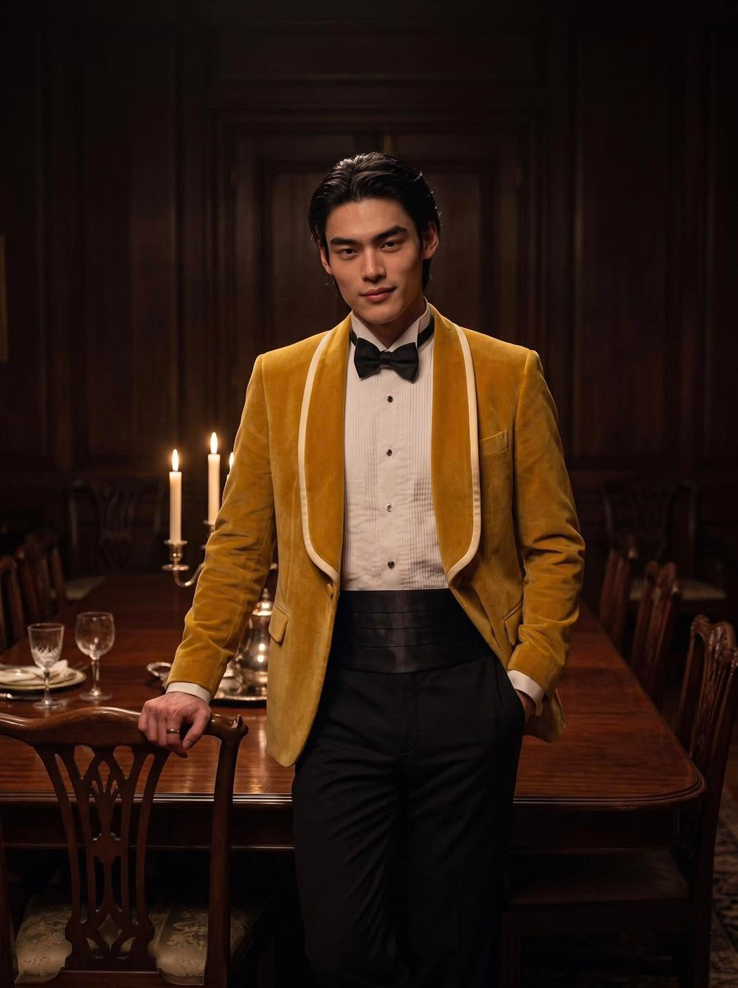 Mustard Velvet Shawl Lapel Single-Breasted Tuxedo