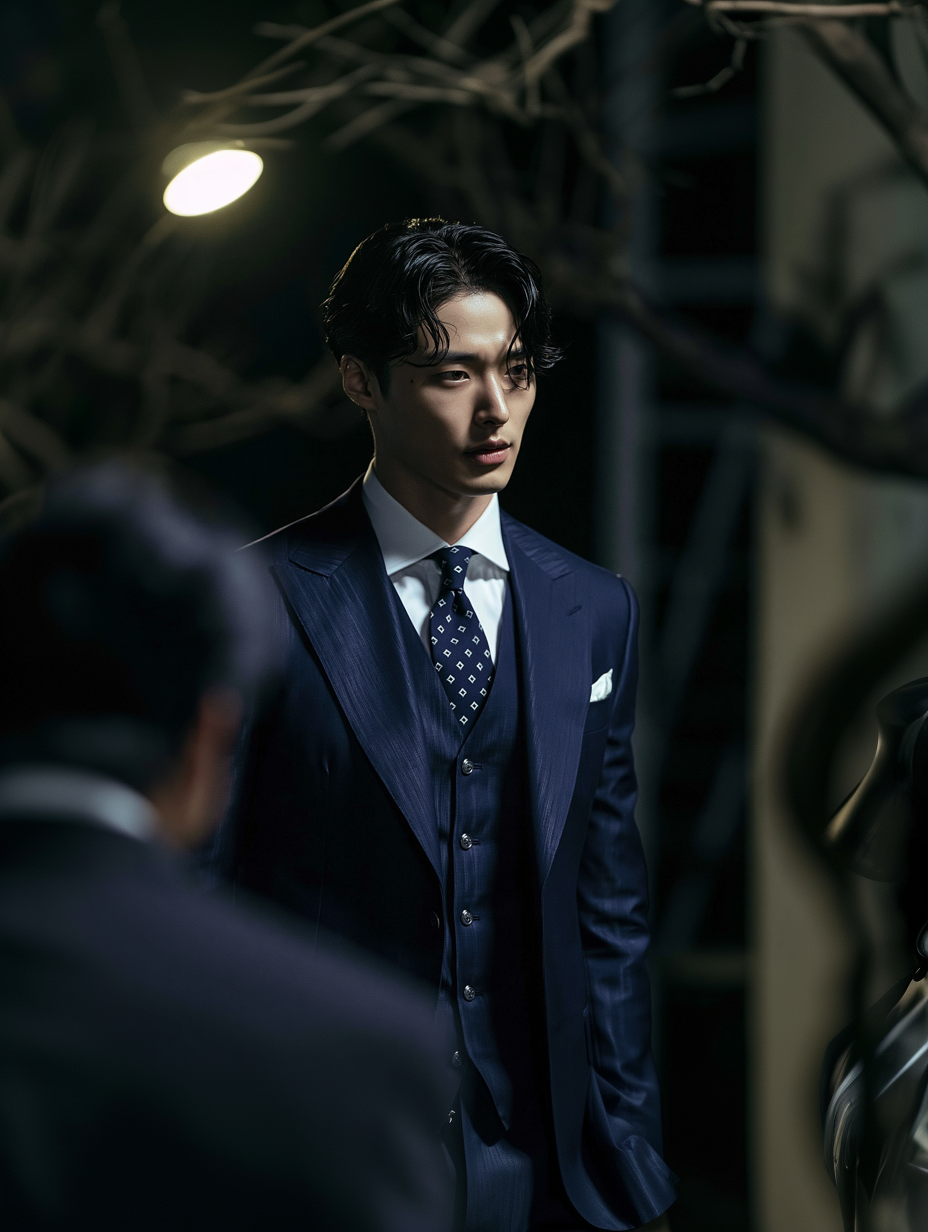 Serious young man in a navy suit and patterned tie stands in a dim room under a single light, looking off to the side.