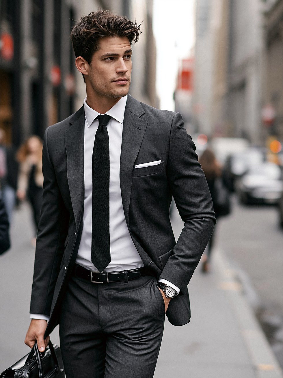 Young man in a dark suit and black tie walks on a city street, carrying a bag and looking serious.