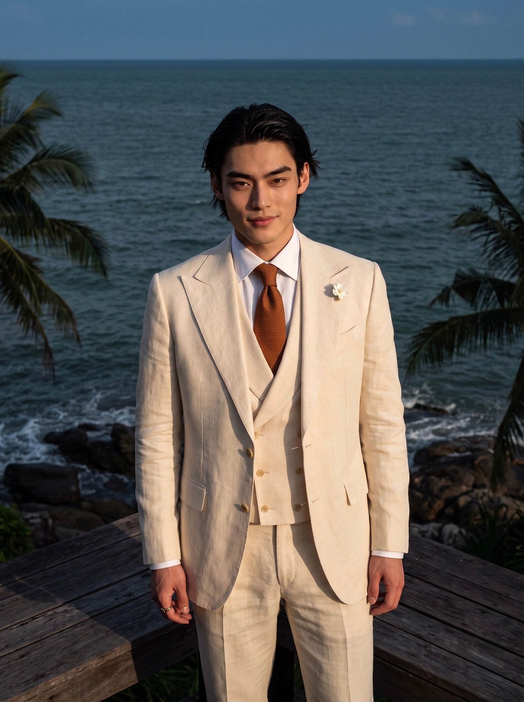 Ivory Linen Peak Lapel Single-Breasted Three-Piece Suit