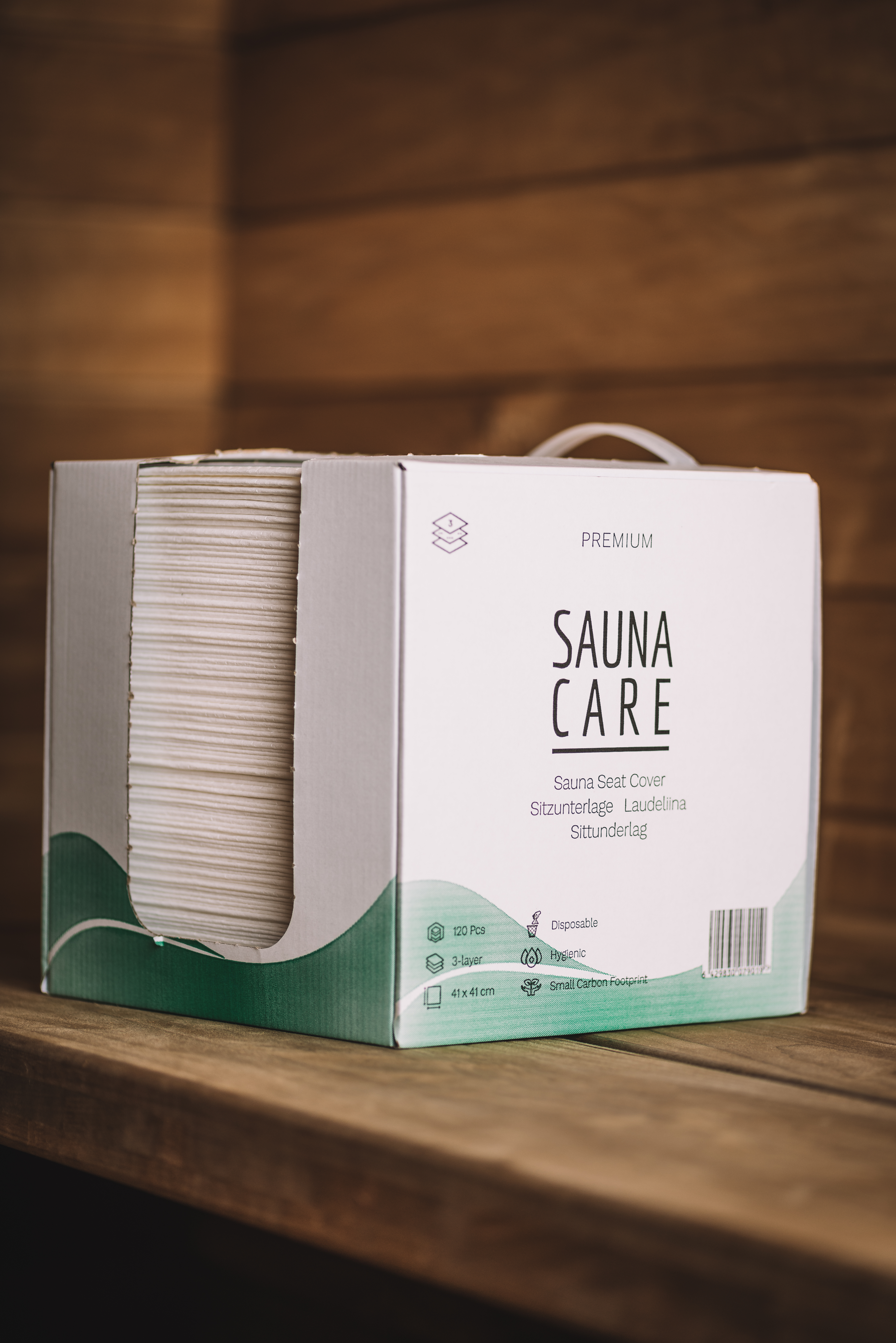 SaunaCare disposable sauna bench cover and packaging