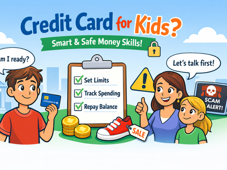 Illustration of a teen holding a credit card while a parent explains safe spending rules, with icons showing budgeting tips, scam alerts, and smart money habits for kids learning about credit.