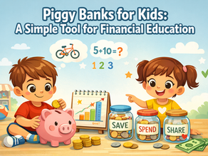 Two young children smiling while learning about money, one putting coins into a pink piggy bank and the other pointing to jars labeled Save, Spend, and Share, with the title “Piggy Banks for Kids: A Simple Tool for Financial Education” displayed at the top.