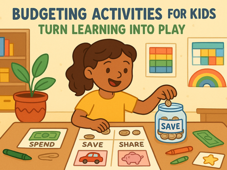 Cartoon-style illustration of a young girl sorting money into Spend, Save, and Share categories while placing coins into a Save jar at a table, surrounded by colorful crayons, play money, and classroom-style posters.