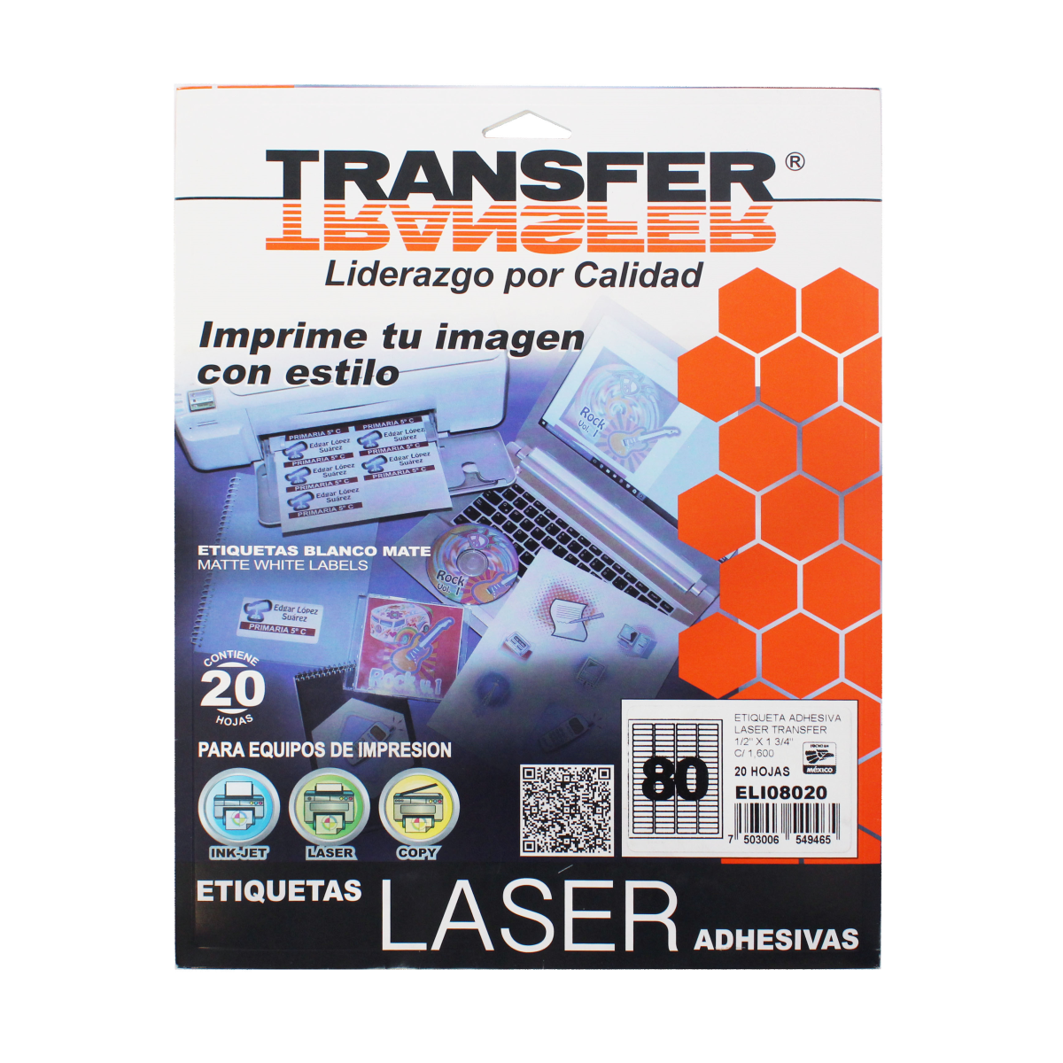 ETIQUETA ADHESIVA LASER 12.7 X 44.4 MM BLANCA C/20 HOJAS T/CARTA / TRANSFER