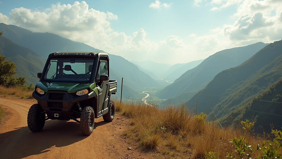 Eye-level view of UTV parked near a mountain viewpoint in Campos do Jordão