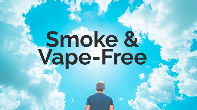 Smoke and vape-free hypnosis audio program cover featuring a man standing in front of a blue sky with clouds.