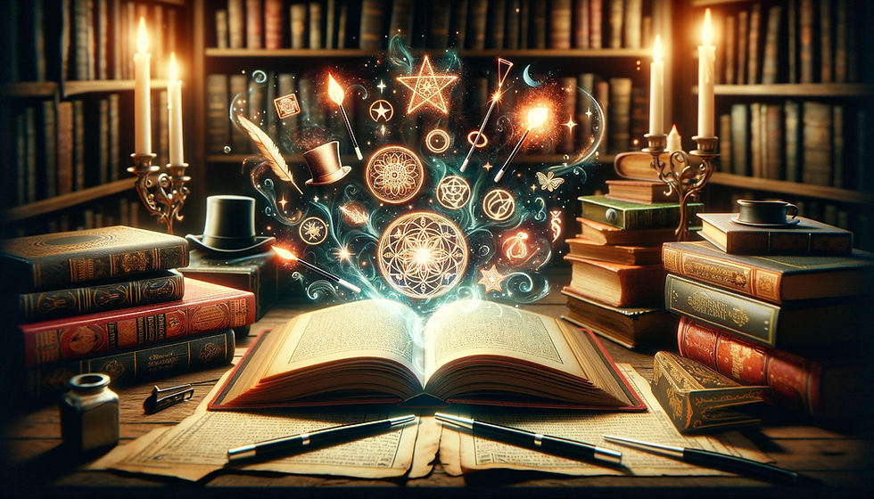a magic book on a table filled with books and magic symbols bursting from the book