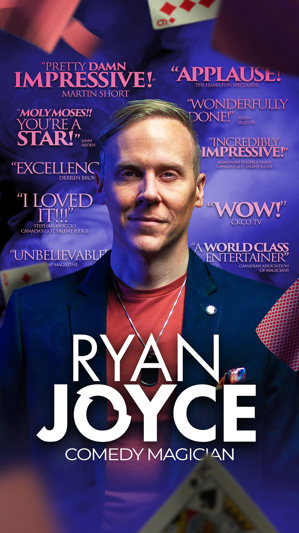 Professional performance poster for Ryan Joyce 'Comedy Magician' featuring celebrity endorsements like Martin Short and Penn & Teller, designed for grand-scale theatrical illusion shows.