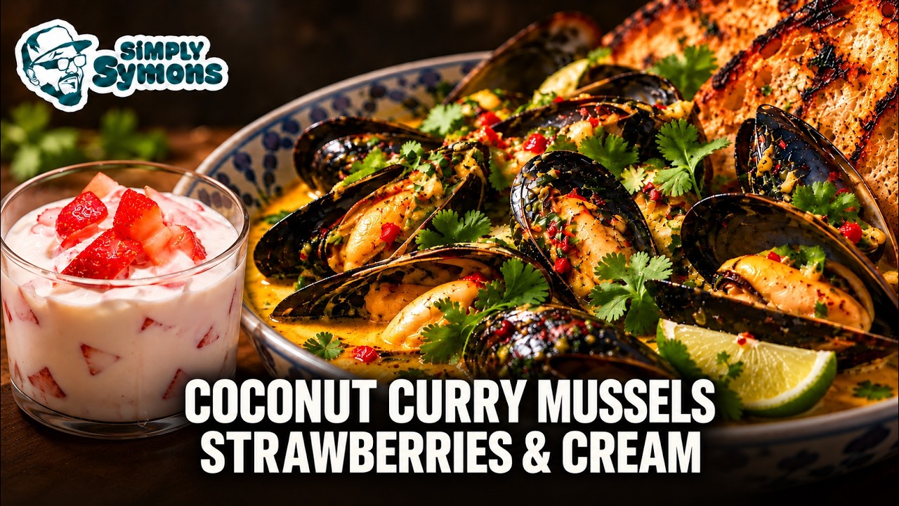 Video thumbnail for Quick Curry Mussels and No-Bake Strawberry Cream