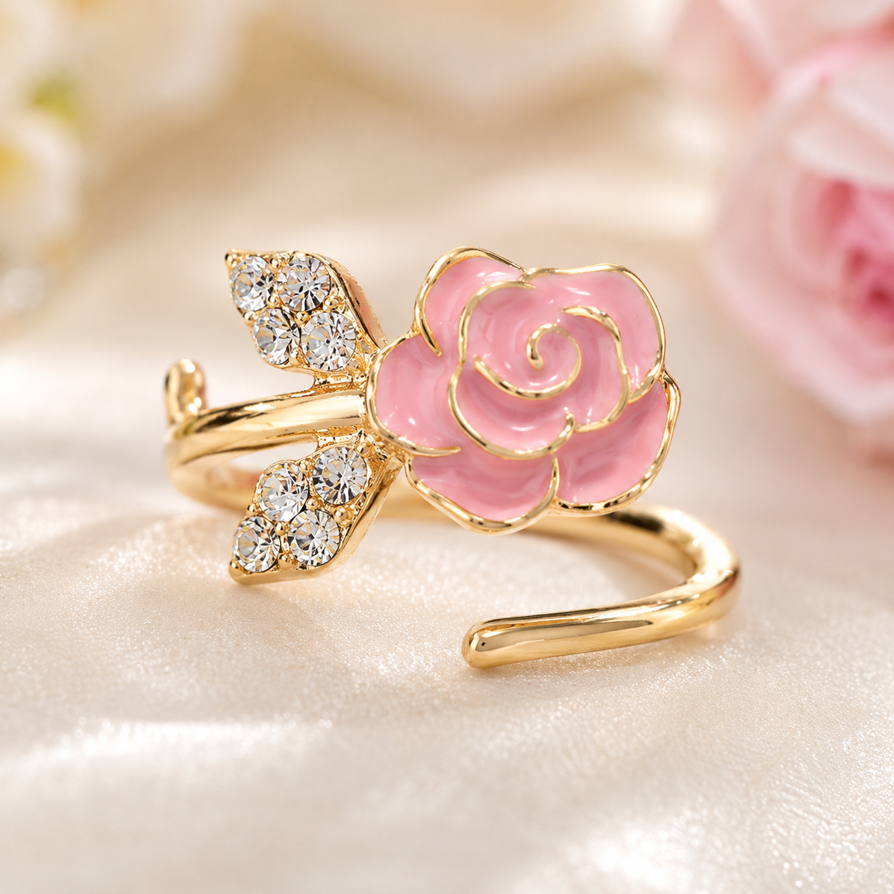 Pink Enamel Rose & Crystal Leaf Open Ring (adjustable)