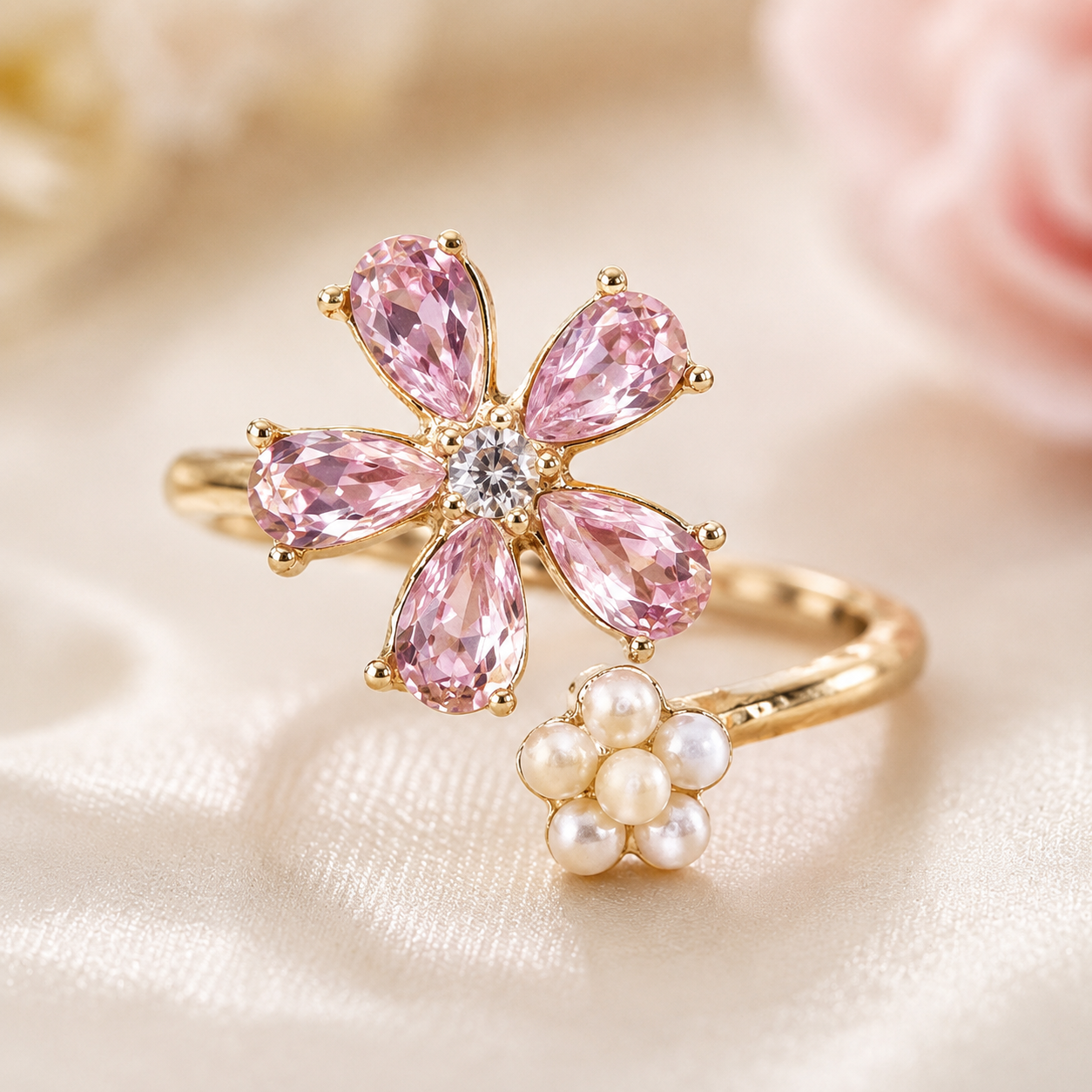 Pink Crystal & Pearl Flower Open Ring (adjustable)