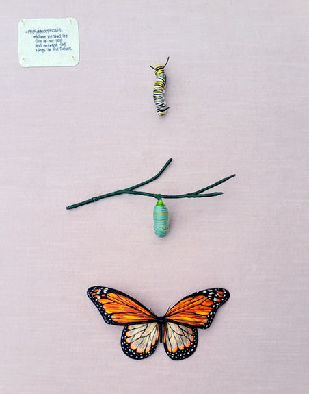 Vertical Framed work with embroidered caterpillar, chrysalis, and butterfly vertically arranged in center on a plain pastel pink background, a note in the top left corner says "-metamorphosis: -Where we shed the skin of our past and embrace the wings of the future."