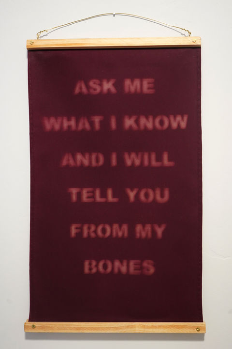 vertical scroll of dark red fabric, with intentionally blurry words "Ask me what I know and I will tell you from my bones"