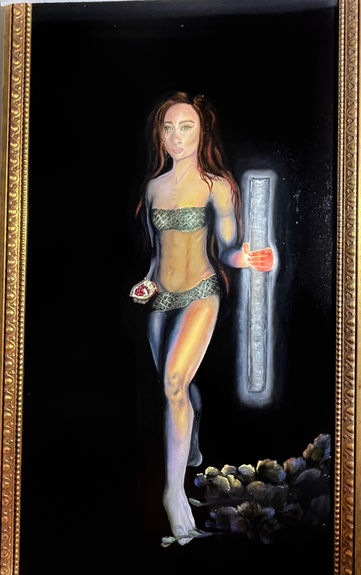An oil painting depicting the full body of a white woman upon a black background. She has brown hair, is mainly bare with a snake skin loin cloth and bra. She holds a fruit in her right hand and holds out a glowing silver metal bar in the other.