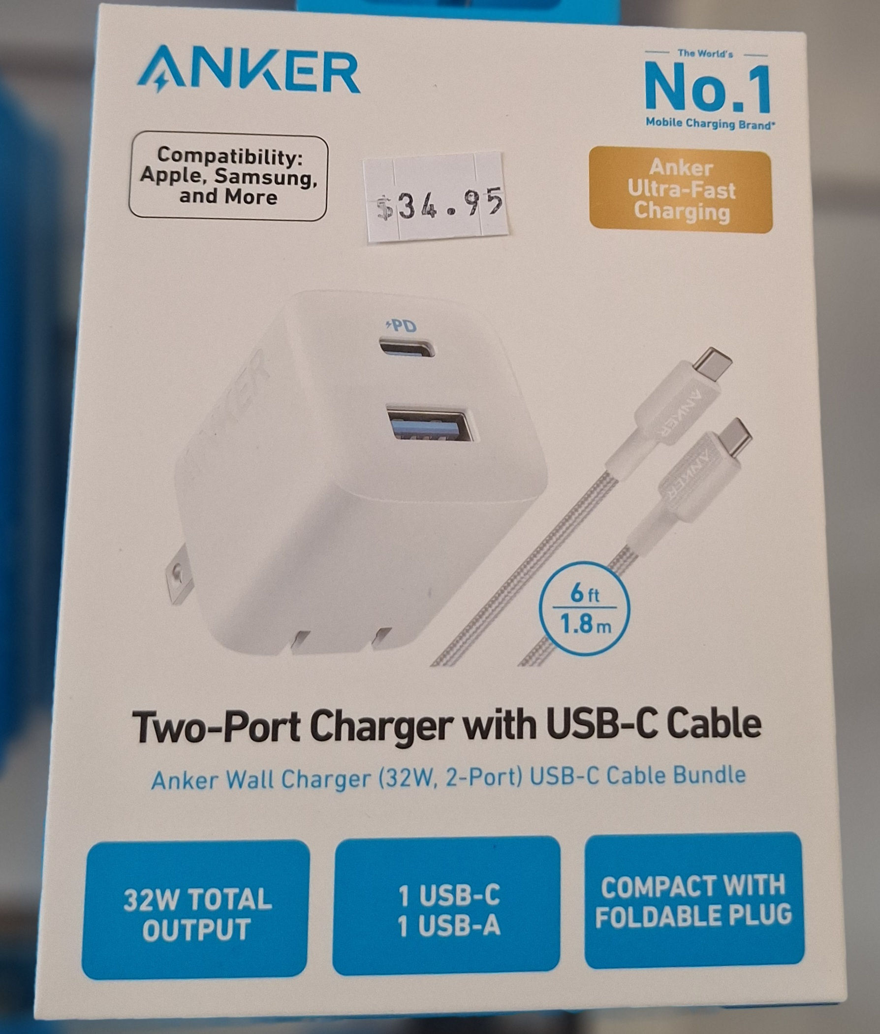 Anker Two Port Charger w/ Usb-c Cable