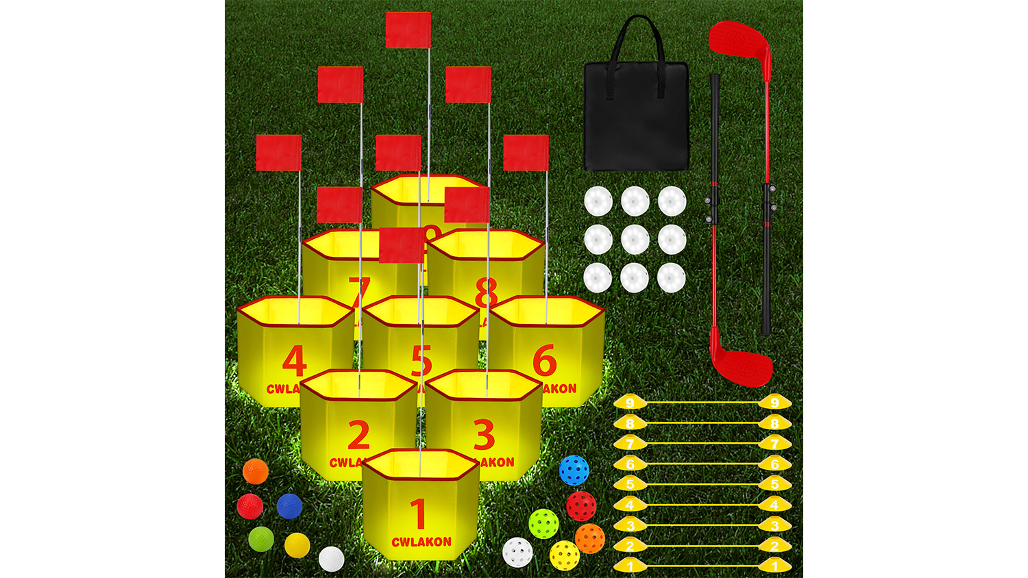 CWLAKON Backyard Golf Game with 2 Clubs & Light, Yard Golf Game Glow in The Dark
